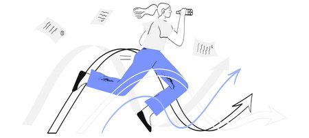 Woman run and look in binocular search job or inspiration follow arrow direction. Career or personal...