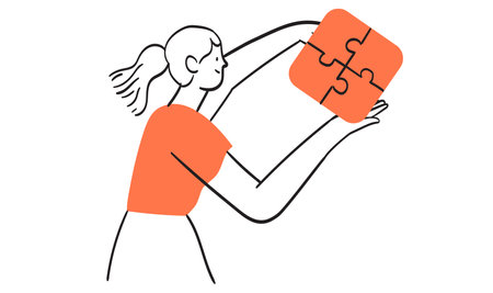 Businesswoman assembling together jigsaw puzzle pieces. Concept of brainstorming, project planning and business process. Work organization management banner, web landing page. Business solution.のイラスト素材