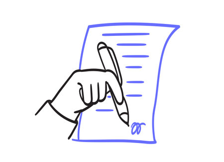 Hands hold pen and write on paper icon. Person write letter, sign document. The concept of agreement, notarization of document, signing contract. Vector illustration in line doodle simple style.のイラスト素材