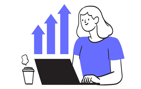 Businesswoman market research and search solutions, strategies and ways of company business improvement. Economic strategy, analysis of sales, statistics, data collection and management.のイラスト素材