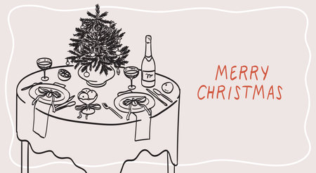 Modern horizontal poster poster with ink minimal line food, drinks and Christmas tree. Chalk crayon drawings of Christmas dinner table. Vector illustrations for new year greetings or party invitationのイラスト素材