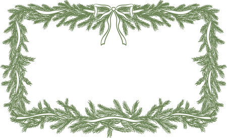 Christmas border with pine tree branches, bow, ribbon in vintage doodle style for poster, placard or party invitations. Christmas and New Year retro design holiday frame isolated vector illustration.のイラスト素材
