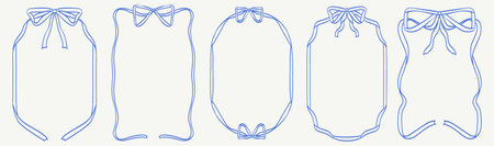 Vintage blue bows frame for greeting cards, wedding and birthday party, picnic invitations in cute elegant coquette style. Hand drawn ribbons border illustration for social media decoration template.のイラスト素材