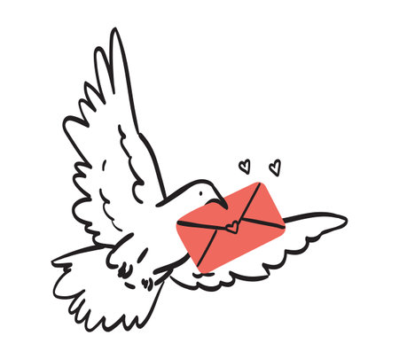 White dove with love letter flying. Vector illustration for the Valentine's Day in cute retro doodle style. Flying pigeon with message for beloved one. Drawing for banner, greeting or postcard.のイラスト素材