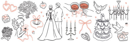 Hand drawn chalk wedding ceremony illustrations. Bride and groom icon. Wine champagne glasses, rings, flower bouquet drawings for invitations, menus, parties. Italian or French romantic sketch style.のイラスト素材