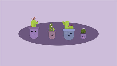 Cute cactus family, hand drawn cartoon cactus in pots on purple background, spiny indoor plants for projectのイラスト素材