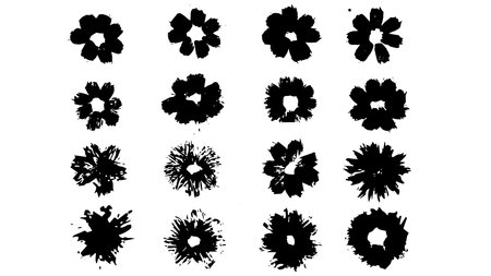 Set of black flowers made in ink on white background, collection of different types of flowers, grunge elements, blots in the form of flowers, flowers in the form of stampsのイラスト素材