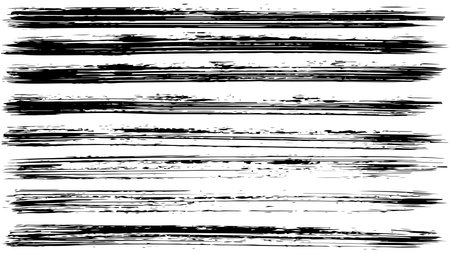 Texture with horizontal dry brush strokes, background with wide grunge stripes, abstract black paint brush and strokes, black rectangular long strokes drawn with wide brushのイラスト素材