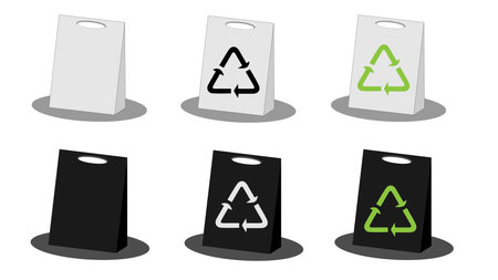 Set of eco craft paper shopping bags, zero waste concept, shopping paper bags with green recycle symbols, white and black mockup of craft paper bags with shadow, "No plastic bags"のイラスト素材