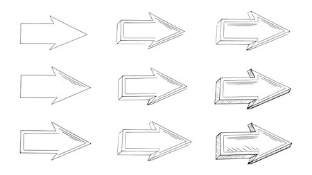 Collection of pointers hand drawn, set of doodle arrows drawn with ink for design and decoration, step by step drawing of arrows, coloring of arrows, black and white arrowsのイラスト素材