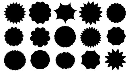 Collection of star label, starburst promotional badge set, shopping tags, flat style vintage sticker, black promo tags on white background, bursting sticker promo badges for priceのイラスト素材