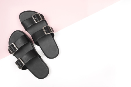 Black men's and women's fashion leather sandalsの写真素材