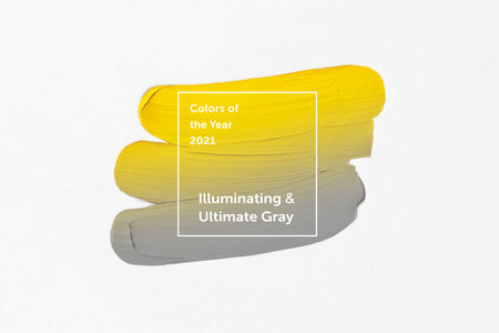 Smears of oil paint. Colors of the year 2021 - Illuminating and Ultimate Gray.の写真素材