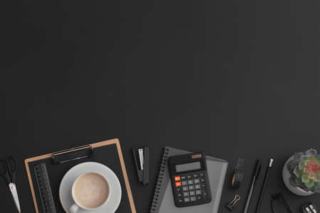 Black leather office table with calculator, notebook, coffee cup and green plant. Top view with copy space. Flat lay composition.の写真素材