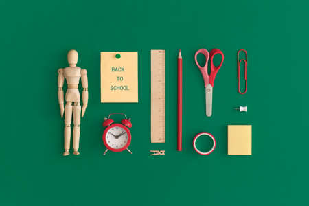 School stationery on a green background. Top view with copy space. Flat lay. Back to school concept.の写真素材