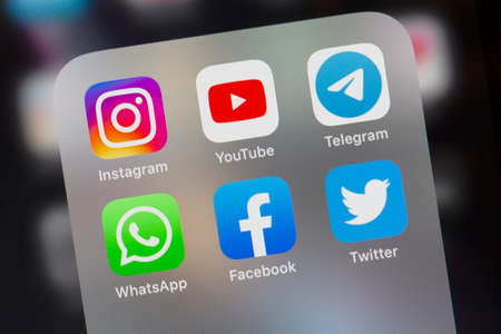MOSCOW, RUSSIA - 13 OCT 2021: Whatsapp, Youtube, Telegram, Twitter, Facebook, Instagram logo on the...