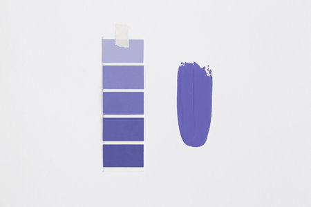 Color swatches with color of the year 2022 - Very Peri. Color trend palette. Top view, flat lay.の写真素材