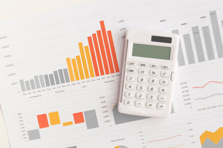 Business graphs, charts and calculators on tables. Financial development, Banking Account,...