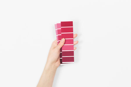 Color swatches with color of the year 2023 - Viva Magenta. color trend palette. Top view, flat lay.の写真素材