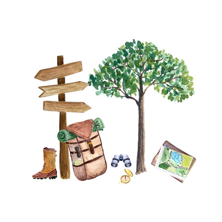 Travel composition campsite with signpost and backpackの写真素材