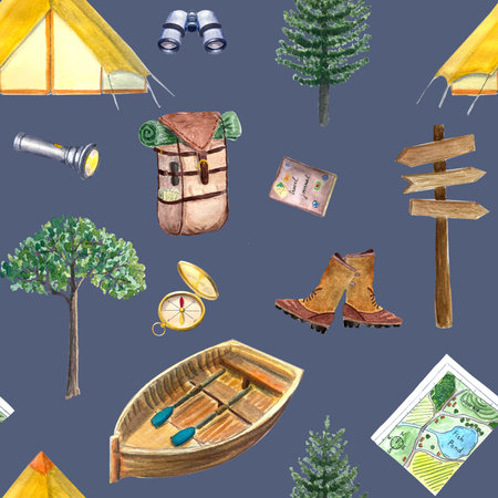 Watercolor camping seamless dark background pattern, adventure outdoor tourist backpack tent wallpaperの写真素材