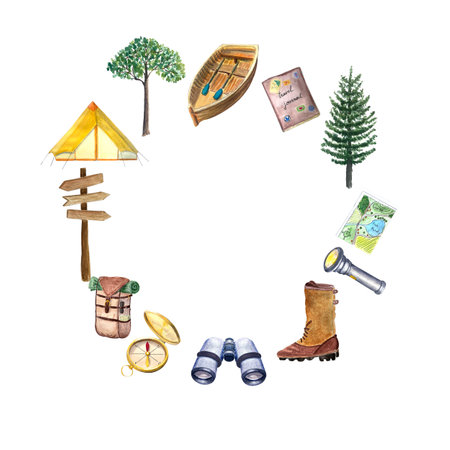 Watercolor adventure set round background frame, boat camp outdoor tourist backpack symbolsの写真素材