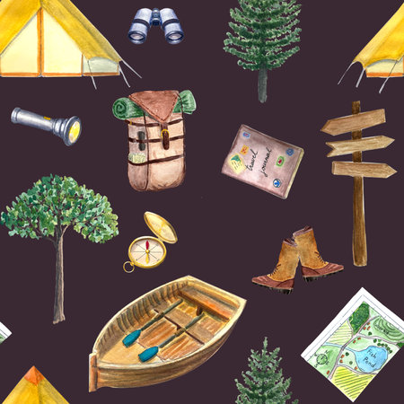 Watercolor camping seamless dark background pattern, adventure outdoor tourist backpack boat wallpaperの写真素材