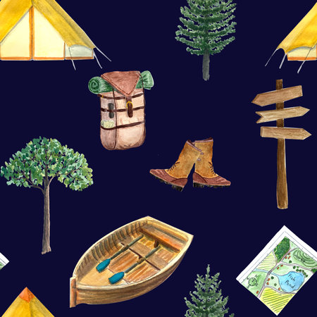 Watercolor camping backpack seamless dark background patternの写真素材
