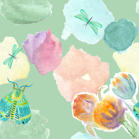 Hand painted delicate watercolor moth pattern mintの写真素材
