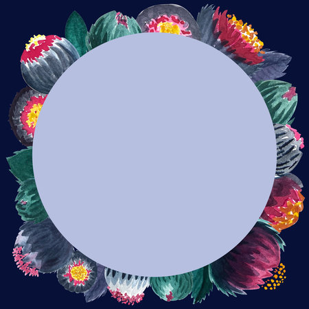 Exotic fantasy flower watercolor wreath on purpleの写真素材