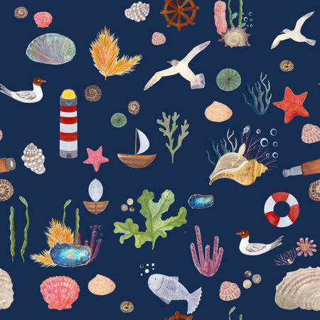 Watercolor sailing seamless pattern on blue backgroundの写真素材
