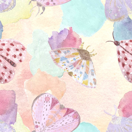 Hand painted watercolor stain delicate moth seamless pattern on pastel backgroundの写真素材