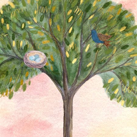 Hand-painted watercolor tree card with a nest on pastel backgroundの写真素材