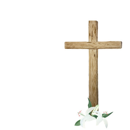 Watercolor wooden cross and lilies for Easter, holy Thursday, religious illustration isolated on whiteの写真素材