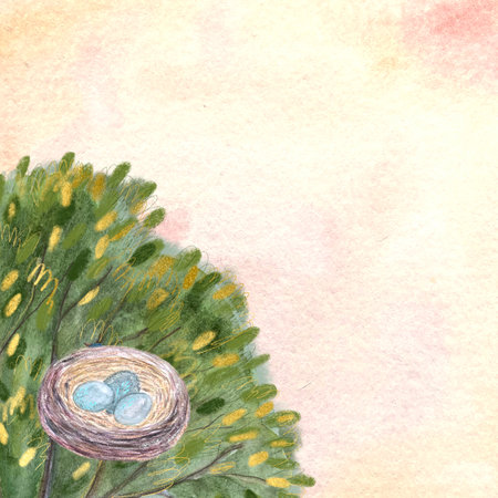 Hand-painted watercolor tree card with a nest on pastel backgroundの写真素材
