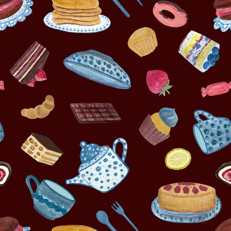 Watercolor tea time desserts seamless multidirectional pattern on chocolate backgroundの写真素材