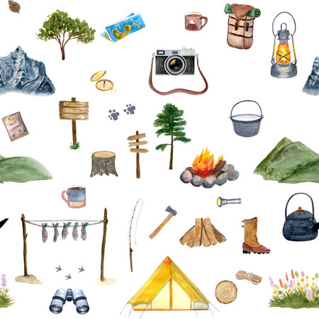 Watercolor adventure camping seamless patternの写真素材