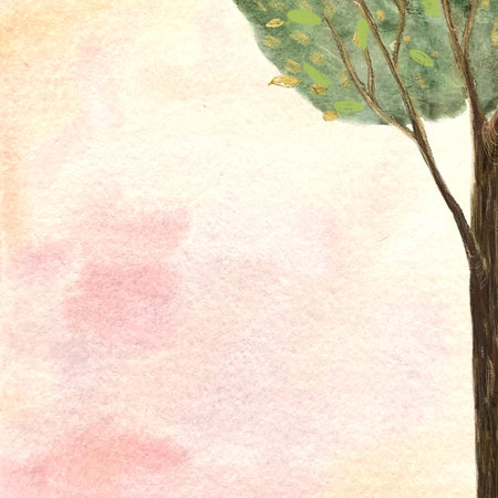 Hand-painted watercolor tree card on pastel backgroundの写真素材