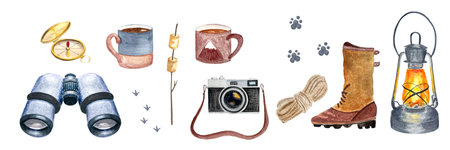 Watercolor camping lantern boots binoculars set isolated on whiteの写真素材