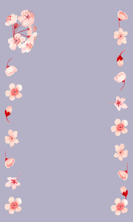 Watercolor hand drawn pink sakura flower vertical frame on pastel purple backgroundの写真素材