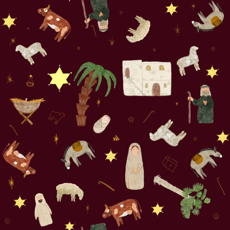 Watercolor Christmas nativity scene seamless multidirectional pattern on dark red backgroundの写真素材