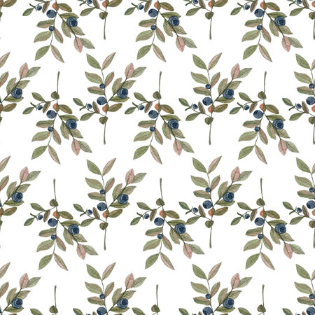 Blueberry sprig watercolor seamless pattern isolated on whiteの写真素材