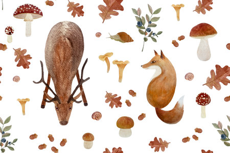 Autumn forest wild plants and animals watercolor seamless pattern isolated on white.の写真素材