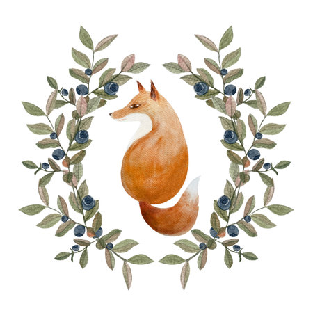 Fox in a blueberry frame watercolor flat illustration isolated on whiteの写真素材
