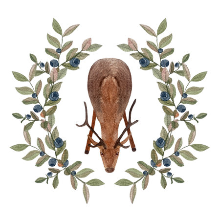 Stag in a blueberry frame watercolor flat illustration isolated on whiteの写真素材