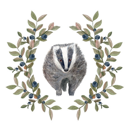 Badger in a blueberry frame watercolor flat illustration isolated on whiteの写真素材