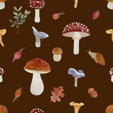 Wild mushroom watercolor seamless pattern on dark brown. Porcini, Chanterelle, Fly agaric and Collybia nudaの写真素材