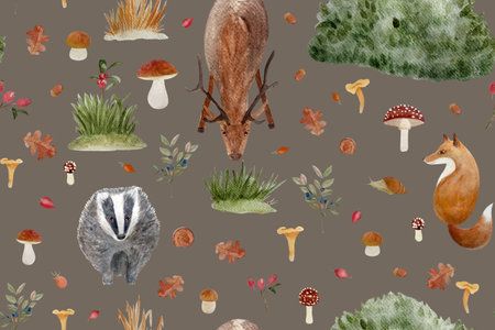 Autumn forest wild plants and animals watercolor seamless pattern on muted brown backgroundの写真素材