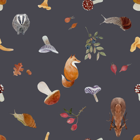Autumn forest wild plants and animals watercolor seamless pattern on dark grey backgroundの写真素材