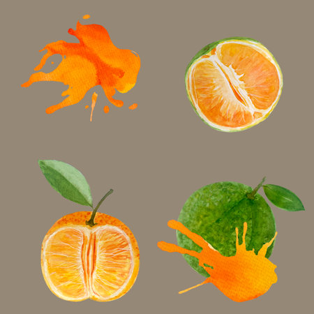 Green tangerine and color splash watercolor seamless pattern on beigeの写真素材